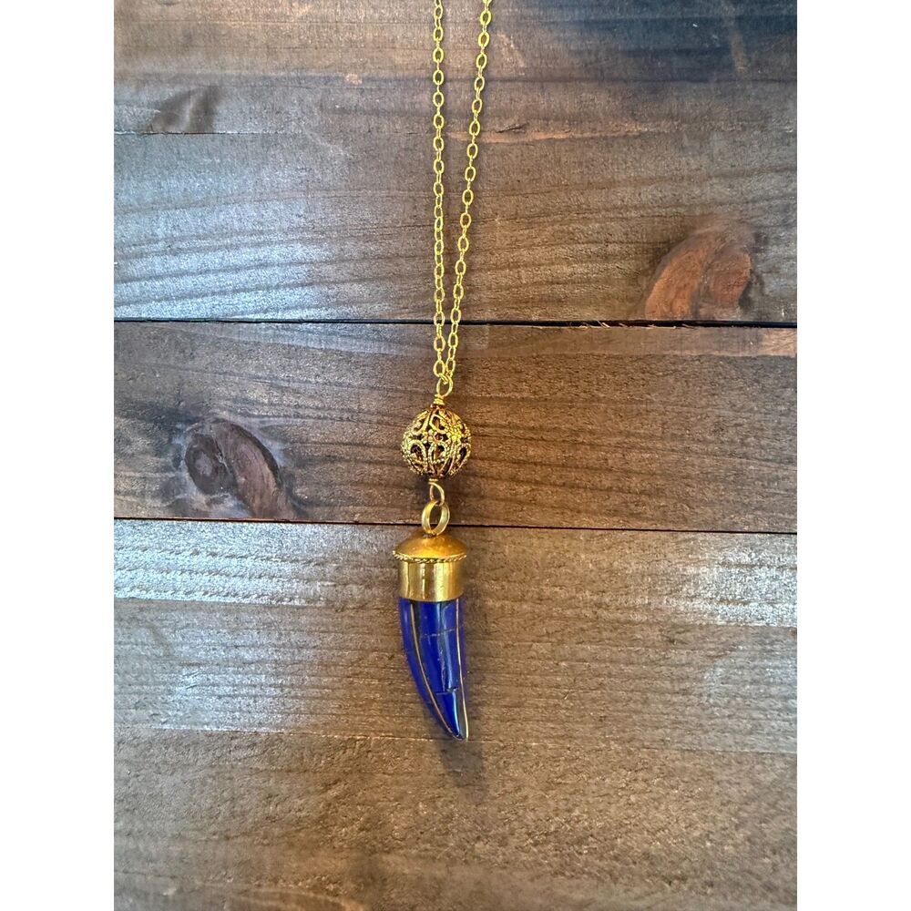 Blue Lapis Horn Pendant Gold Long Necklace Filigree Bead 30" Chain